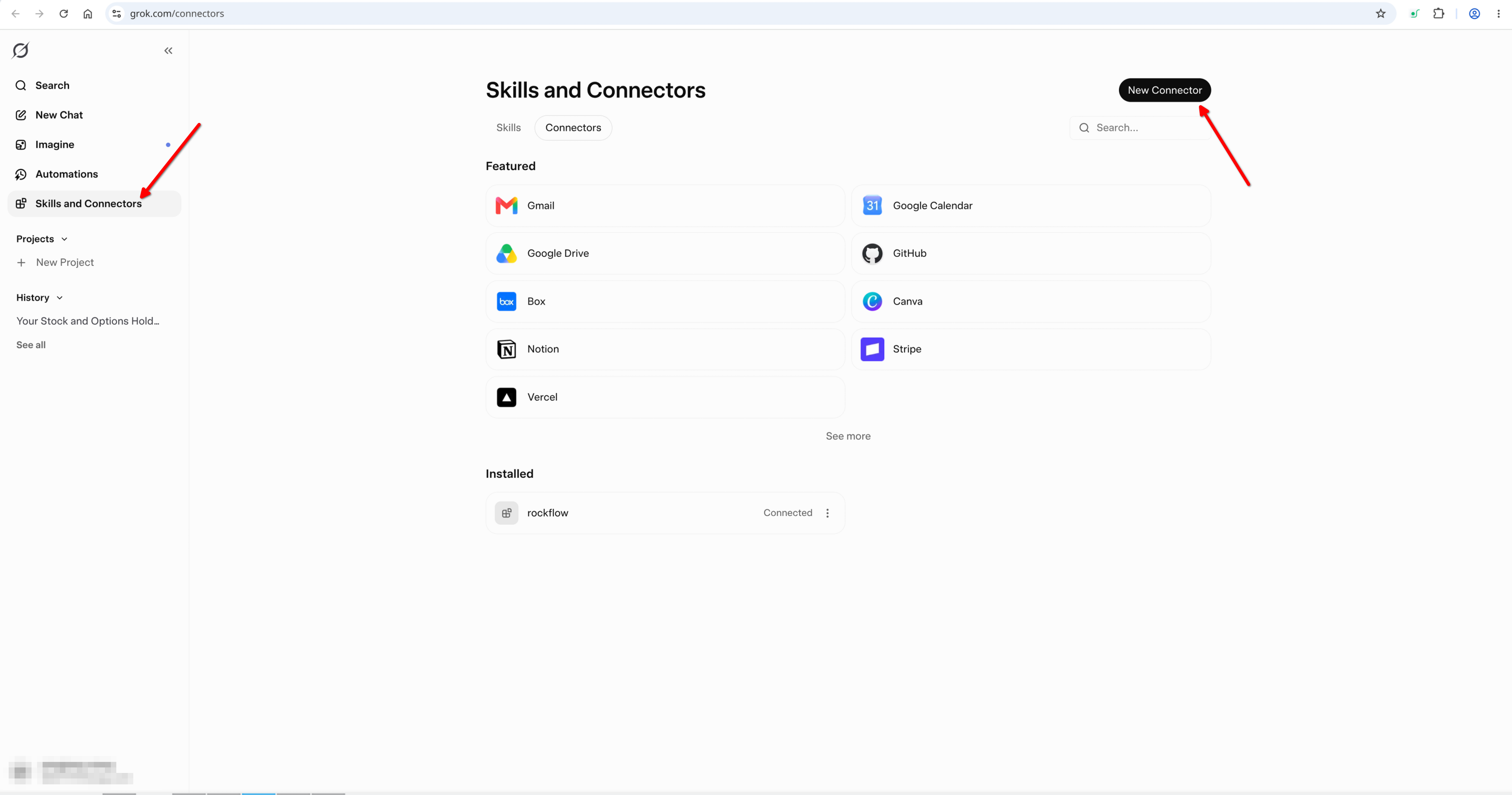 Adding the RockFlow MCP connector in Grok